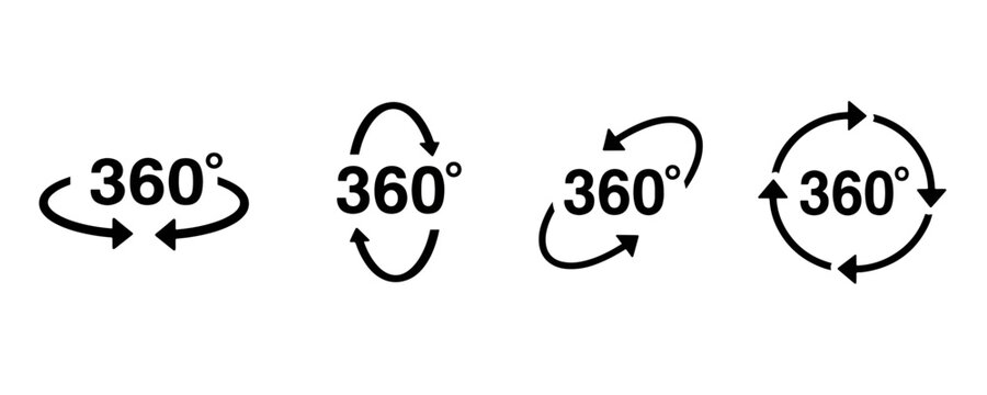 360 rotation icon set. 360 degree rotate vector illustration. 360 angle arrow pictogram. Panorama view symbol. Full turn sign. Full cycle 3D arrow rotation. Circle spin concept.