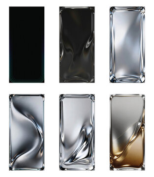 Metallic liquid textures set, 6 abstract chrome and glass panels. Glossy silver and gold fluid backgrounds for luxury branding.