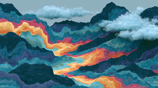 Abstract landscape of stylized mountains in vibrant blues oranges and pinks.