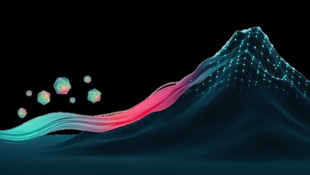 Abstract digital mountain landscape with glowing network connections and vibrant flowing data streams representing technological progress and innovation