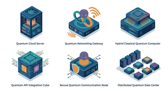 Set of isometric illustrations representing quantum computing concepts and technologies.