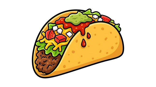 Delicious crunchy taco filled with seasoned beef fresh lettuce cheddar cheese guacamole and red salsa isolated art on white background
