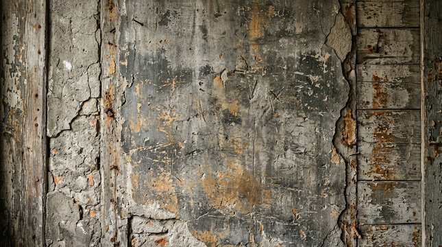 Aged concrete wall with cracked plaster and weathered wooden elements