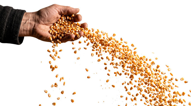Hand pouring raw corn kernels isolated on transparent background