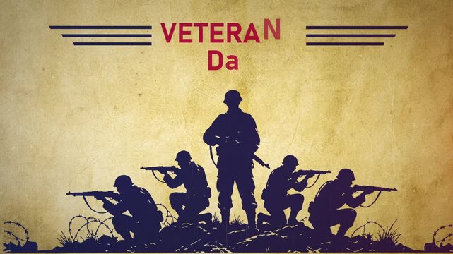 Veterans Day Honoring All Who Served Text Animation with Armed Forces Soldiers Silhouette on Old Paper Texture Animation