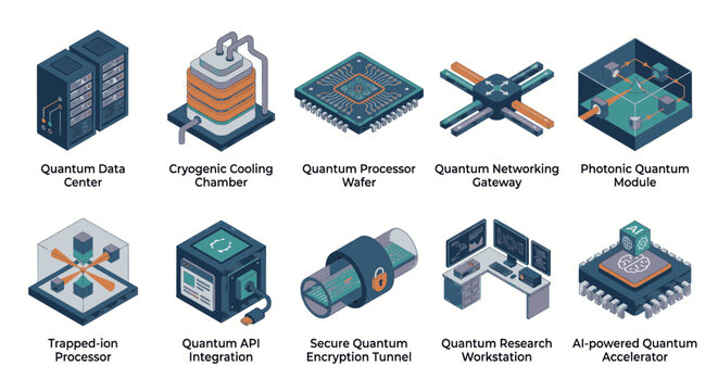 Collection of Isometric Icons Representing Quantum Computing Technologies and Concepts.