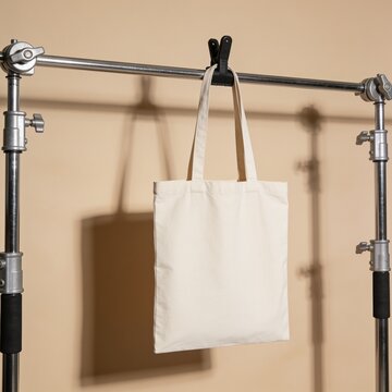 Blank canvas tote bag mockup on neutral background