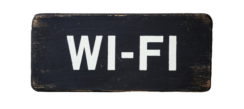 Wi-Fi text sign in dark wood plaque style. Internet network connectivity access. Generative AI technology.
