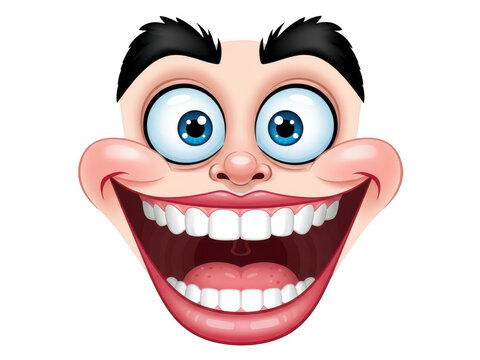 A cartoon face with a wide smile and blue eyes