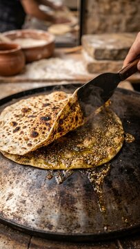 Traditional manakish flatbread with zaatar flipped on saj griddle in rustic bakery steaming hot