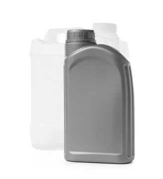 Different plastic canisters on white background