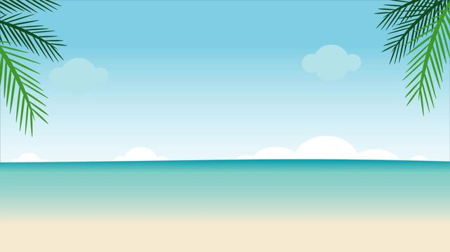 Summer Beach Landscape Vector Background with Palm Leaves Frame