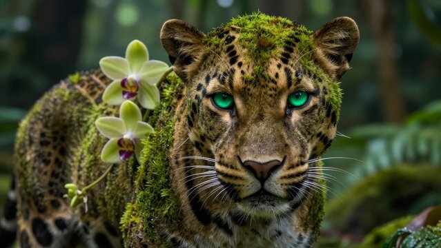 Majestic Leopard Surrounded by Lush Greenery and Orchid Flowers
