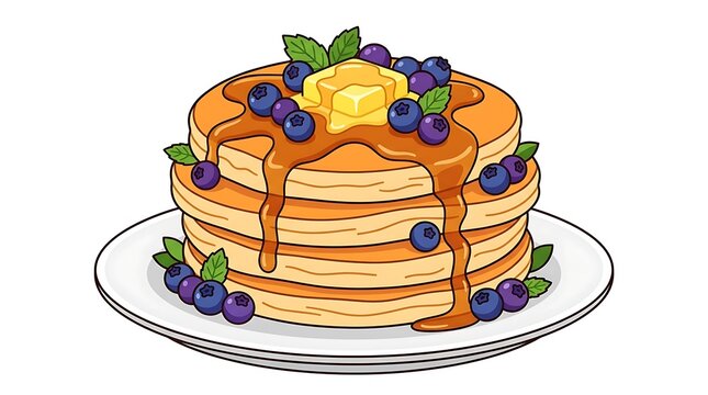 Delicious golden pancakes stacked high with melting butter fresh blueberries and sweet maple syrup dripping on white background