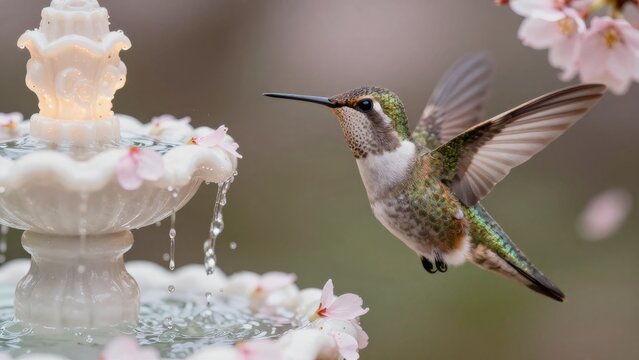 Hummingbird in Flight Near Fountain Surrounded by Cherry Blossoms