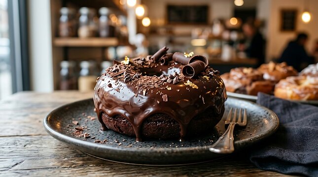 Indulgent dark chocolate cake with glossy ganache topping and gold leaf garnishes served on a simple rustic wooden on white background