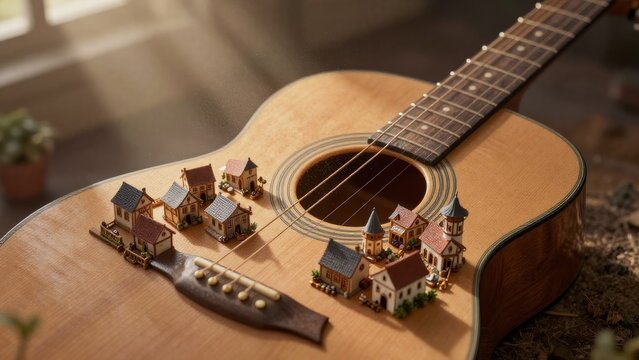 Miniature Houses on Acoustic Guitar with Soft Light Atmosphere