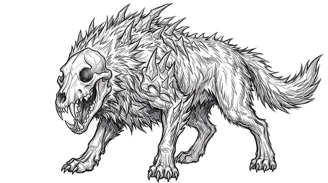 Fierce mythical wolf monster featuring a terrifying skull head and sharp crystalline spikes rendered in black ink on white background