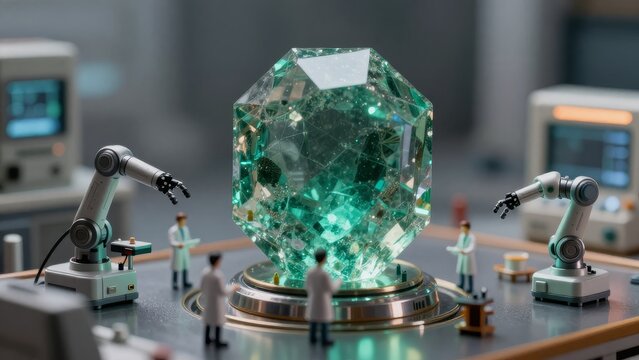 Miniature Laboratory Scene with Emerald Crystal and Robots