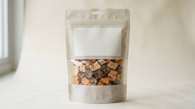 Packaging Mockup of Stand Up Pouch with Blank Label and Dried Food Snacks