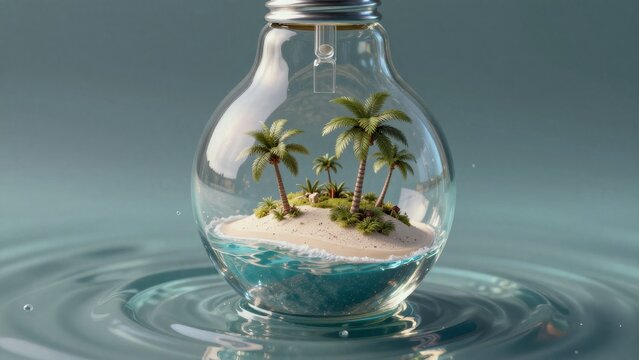 Tranquil Island in Light Bulb with Lush Palm Trees and Rippling Water