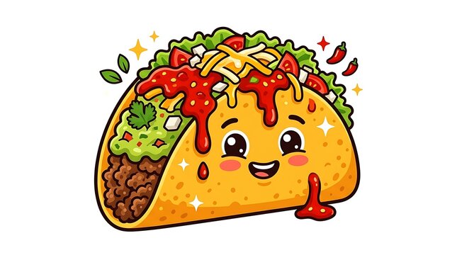 Cheerful cartoon taco character filled with fresh lettuce tomatoes meat and cheddar cheese presented as a vibrant illustration on white background