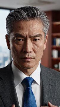 Serious Middle Aged Asian Businessman Close-up Portrait - A close-up portrait of a middle-aged Asian businessman with distinguished grey hair, wearing a sharp grey pinstripe suit and a blue patterned