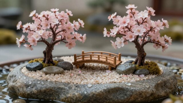 Serene Miniature Landscape with Cherry Blossom Trees and Bridge