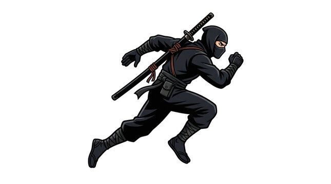 Black ninja character running with katana sword vector illustration