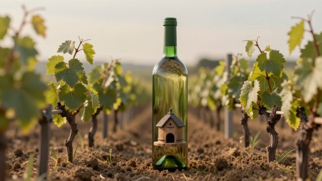 Wine Bottle with Miniature House Surrounded by Vineyard Vines