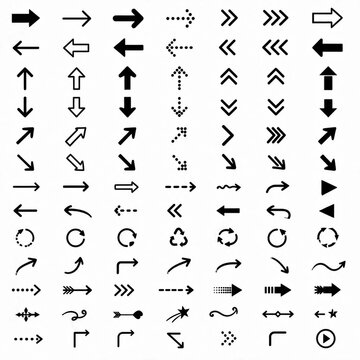 Set of various black pixel art arrows on a white background isolated on white background