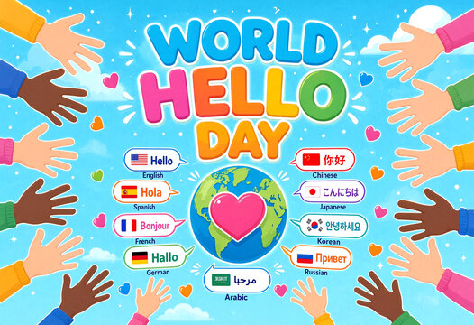 Colorful world hello day poster with multiple languages and diverse hands reaching out globally