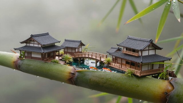 Miniature Japanese Houses with Bamboo and Koi Pond in Misty Background