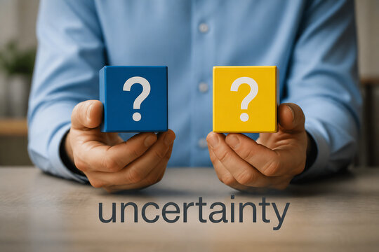 A person holding two question mark blocks, one blue and one yellow, over a wooden table.