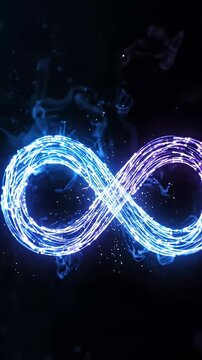 Abstract Infinity Light Trails Background - A glowing infinity symbol formed by dynamic blue and purple light trails pulsates against a dark background.