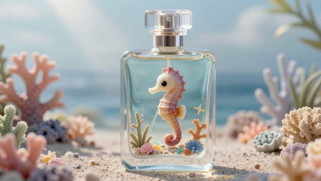 Enchanting Seahorse Perfume Bottle Among Colorful Coral Reefs