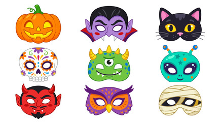 Halloween masks collection features nine diverse cartoon characters including a pumpkin, vampire, cat, and skull designed for festive kids' costume parties.