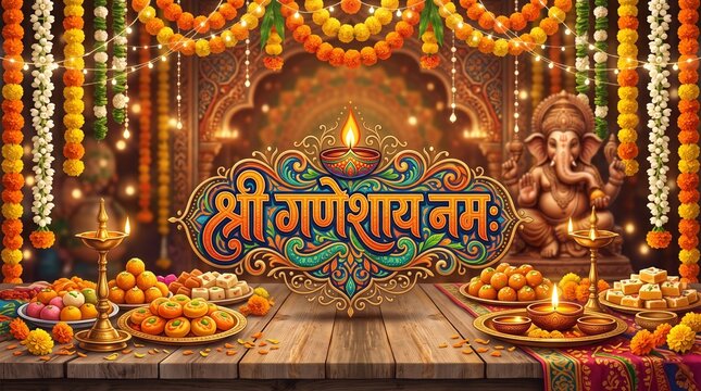 Shree Ganeshay Namah Calligraphy with Festive Decoration for Ganesh Chaturthi Background