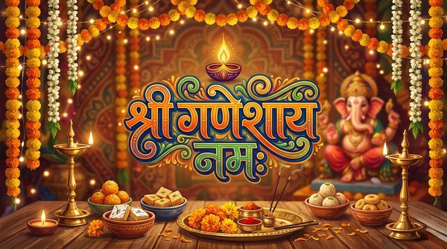 Shree Ganeshay Namah Calligraphy with Festive Decoration for Ganesh Chaturthi Background