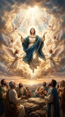 Obraz premium Heavenly Mary departure: Assumption event, divine ascension, angelic escort, holy witness, apostle prayer, miraculous elevation, glorious transit, celestial cloud, spiritual rapture, golden light.