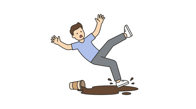 Man Slipping on Spilled Coffee, Cartoon Illustration