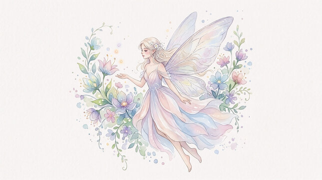 Whimsical fairy princess with colorful wings and a glowing magic wand, surrounded by flowers, stars, and enchanting sparkles