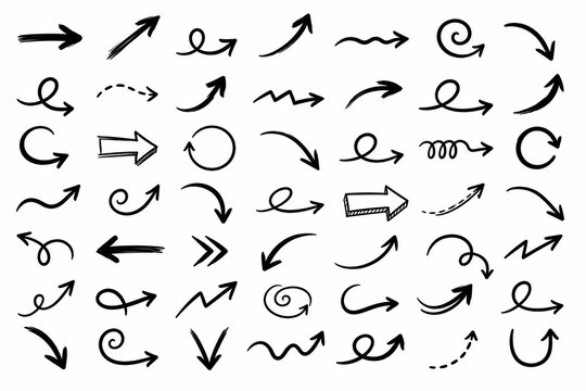 Set of hand drawn sketch arrows on white background isolated on white background