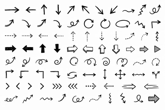 Set of black arrow icons and navigation pointers for user interface design isolated on white background