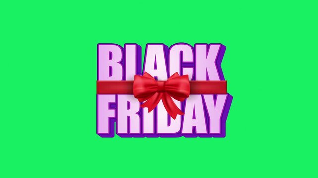 Purple 3D Black Friday Text Animation Wrapped with Red Ribbon Bow on Green Screen Background