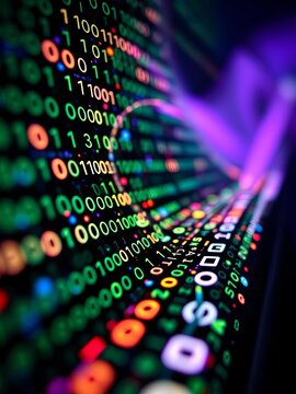 Close-up of binary code forming a flowing stream, symbolizing data processing,  technology,  processing