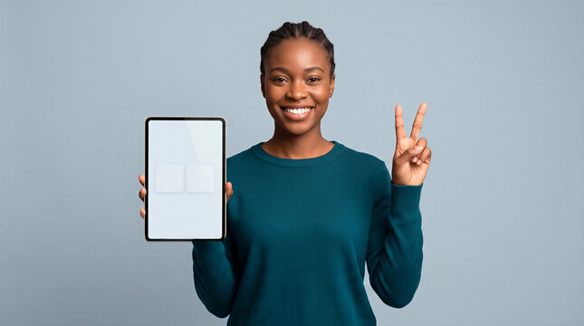 Smiling businesswoman showing a blank tablet mockup and peace sign against a studio background
