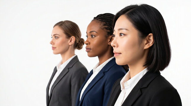 Three businesswomen in suits standing in profile against a white background, symbolizing corporate leadership and female empowerment