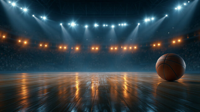 Basketball on a gleaming wooden court with bright stadium lights and empty seats in a professional arena.