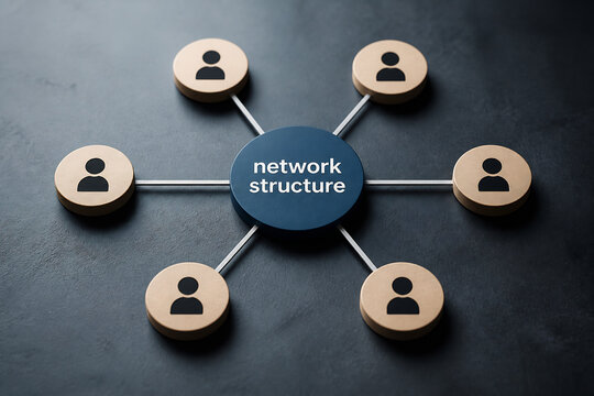 A diagram illustrating a central network structure connected to several individual icons on a dark surface.
